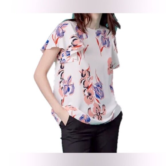 Diane von Furstenberg SILK Flutter Sleeve floral print white Crew Top blouse 12 - Picture 1 of 5